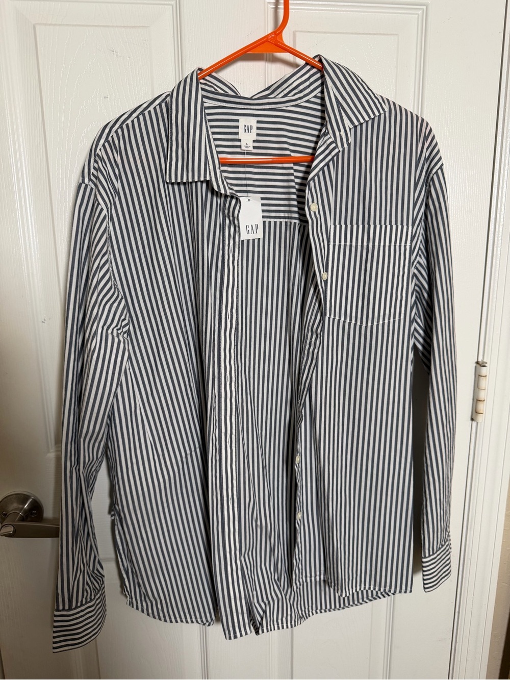 GAP Women's Navy and White Stripe Button-Up Shirt